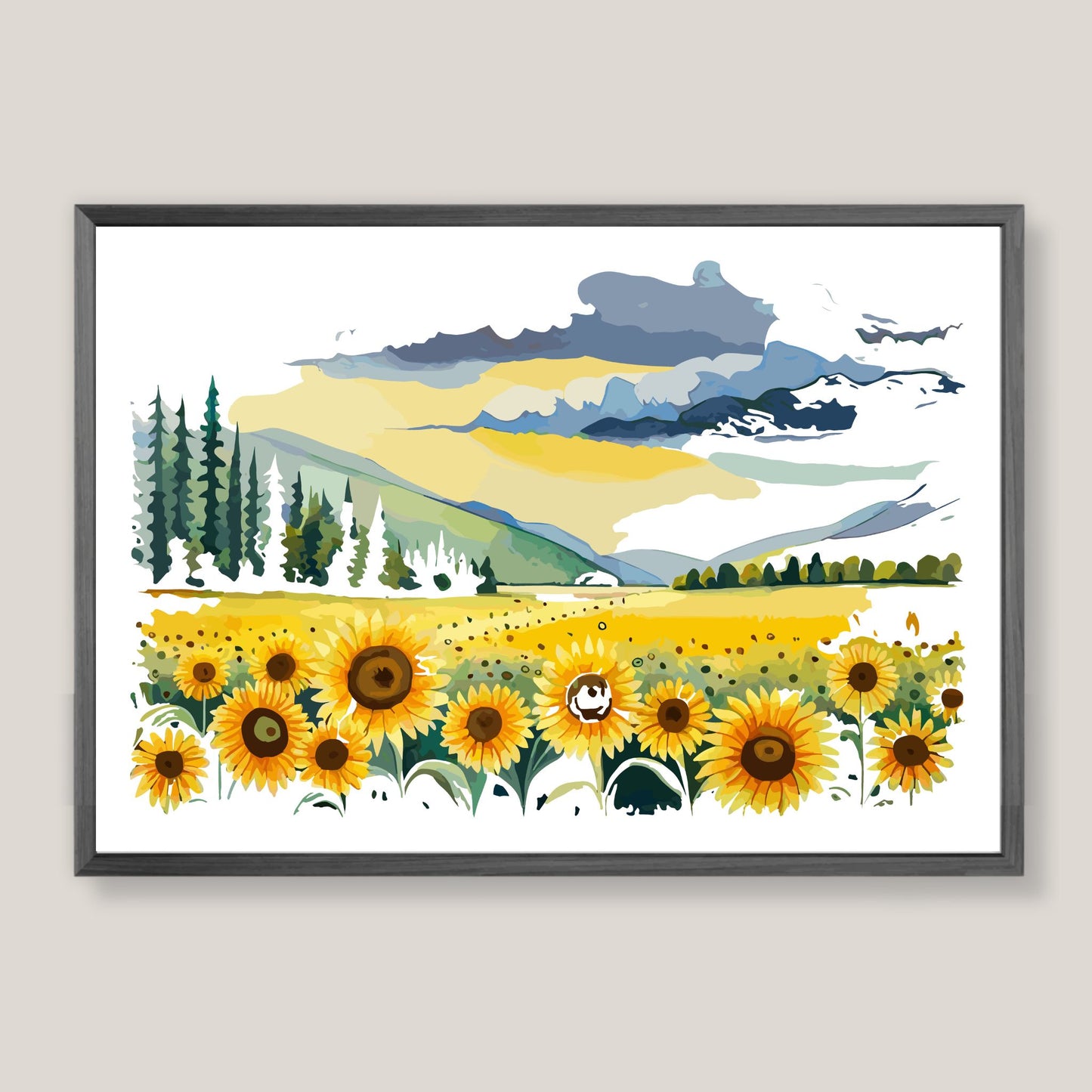 Opplev skjønnheten i naturen med "Sunflower Fields" plakat fra vår unike serie grafiske akvarellmalerier. Illustrasjonsfoto viser plakat i mørk grå ramme.
