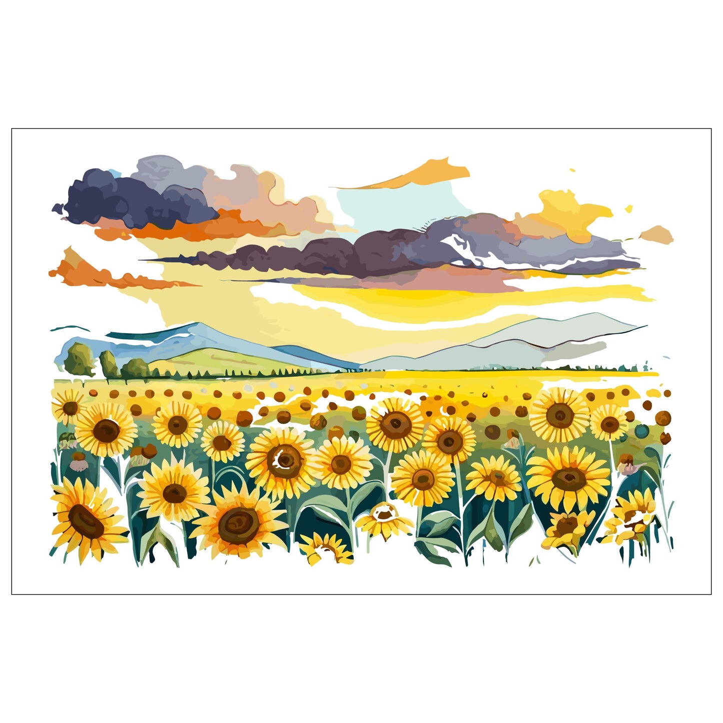 Opplev skjønnheten i naturen med "Sunflower Fields" plakat fra vår unike serie grafiske akvarellmalerier.