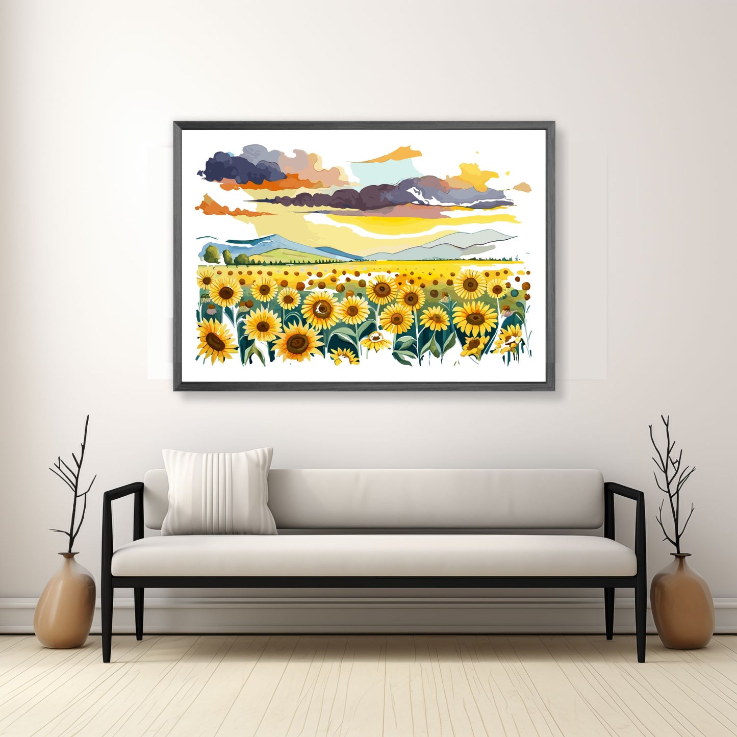 Opplev skjønnheten i naturen med "Sunflower Fields" plakat fra vår unike serie grafiske akvarellmalerier. Illustrasjonsfoto viser plakat i mørk grå ramme.