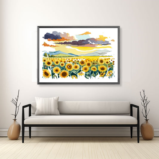 Opplev skjønnheten i naturen med "Sunflower Fields" plakat fra vår unike serie grafiske akvarellmalerier.  Illustrasjonsfoto viser plakat i mørk grå ramme.