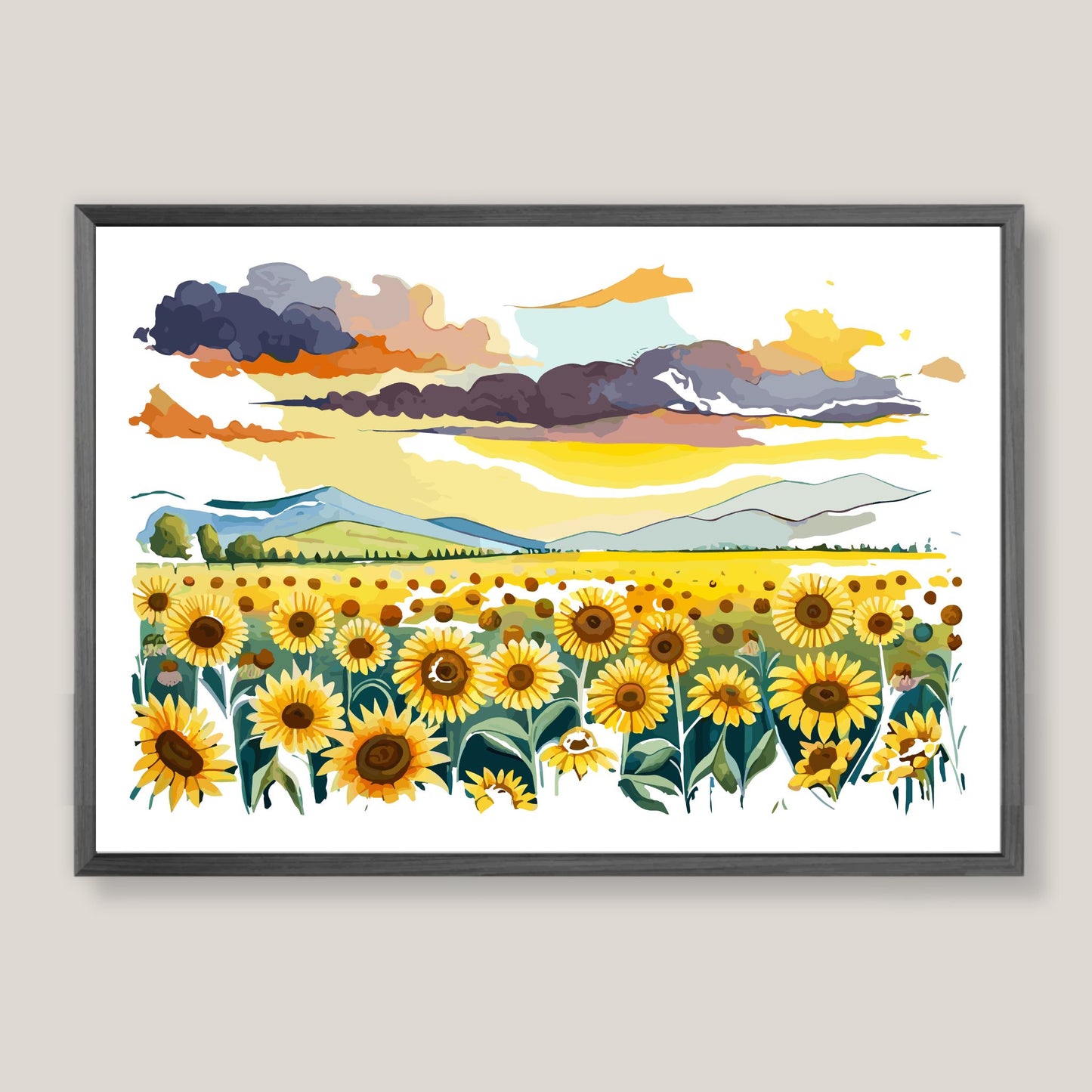 Opplev skjønnheten i naturen med "Sunflower Fields" plakat fra vår unike serie grafiske akvarellmalerier. Illustrasjonsfoto viser plakat i mørk grå ramme.