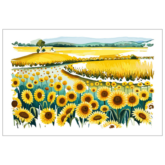 Opplev skjønnheten i naturen med "Sunflower Fields" plakat fra vår unike serie grafiske akvarellmalerier.
