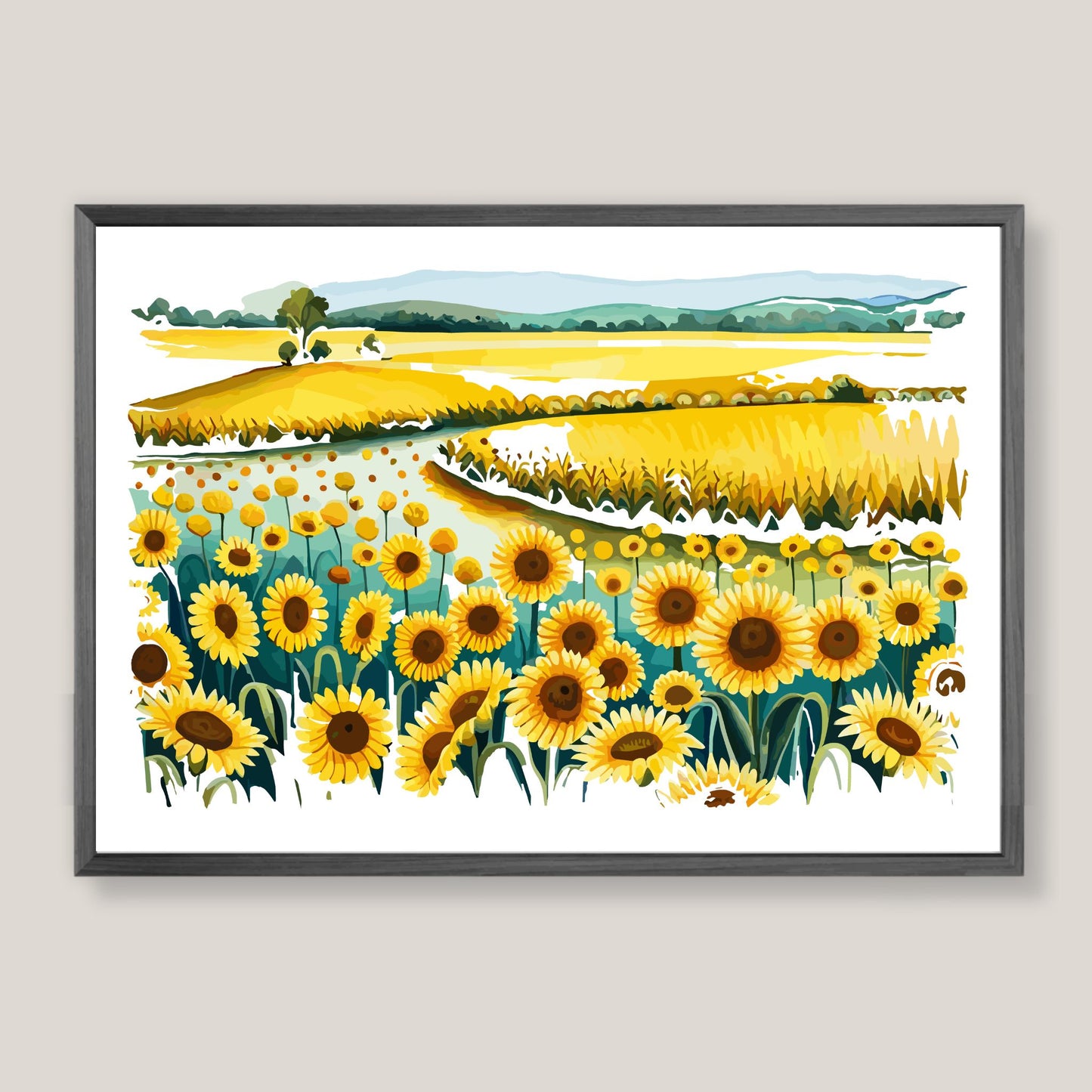 Opplev skjønnheten i naturen med "Sunflower Fields" plakat fra vår unike serie grafiske akvarellmalerier. Illustrasjonsfoto viser plakat i mørk grå ramme.