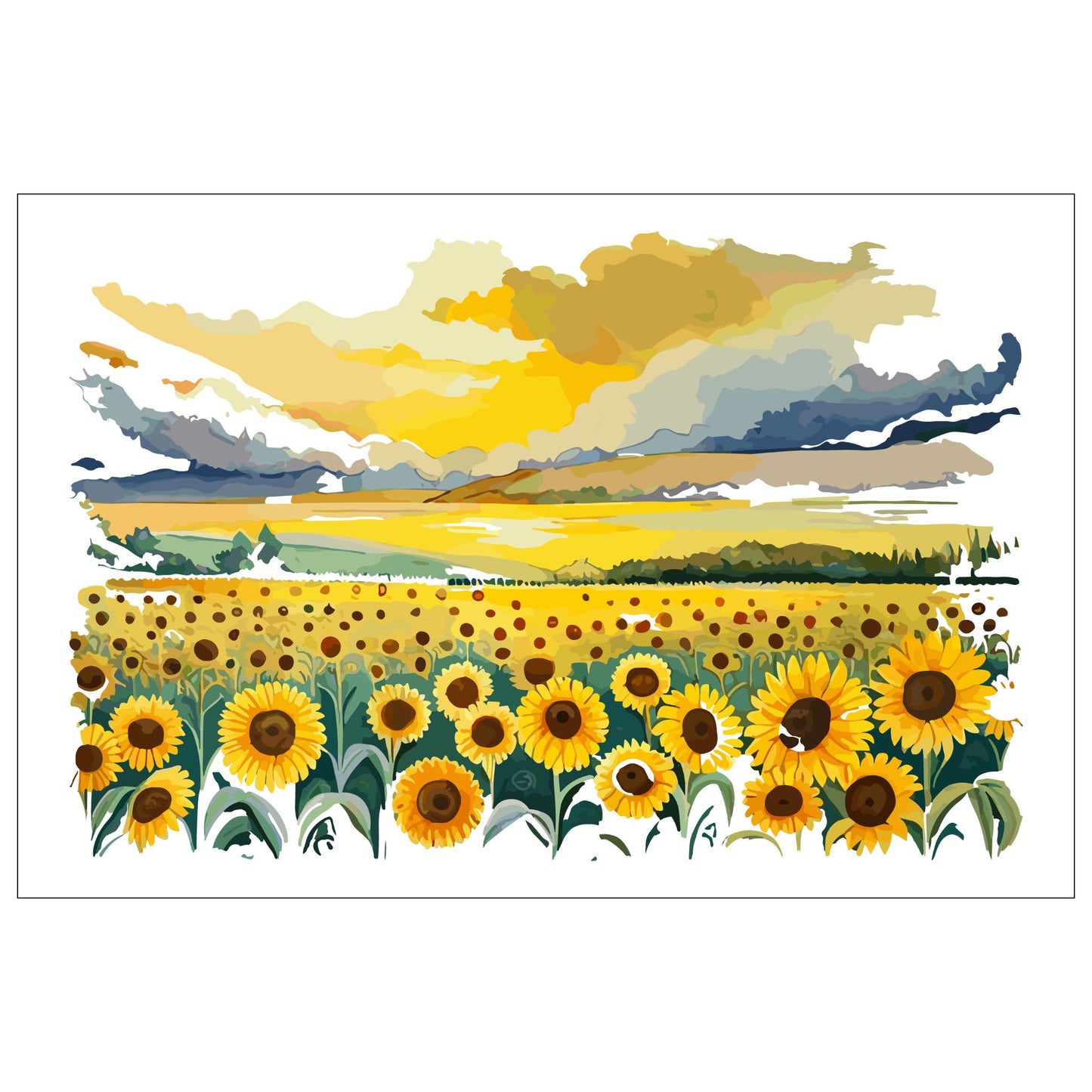 Opplev skjønnheten i naturen med "Sunflower Fields" plakat fra vår unike serie grafiske akvarellmalerier.