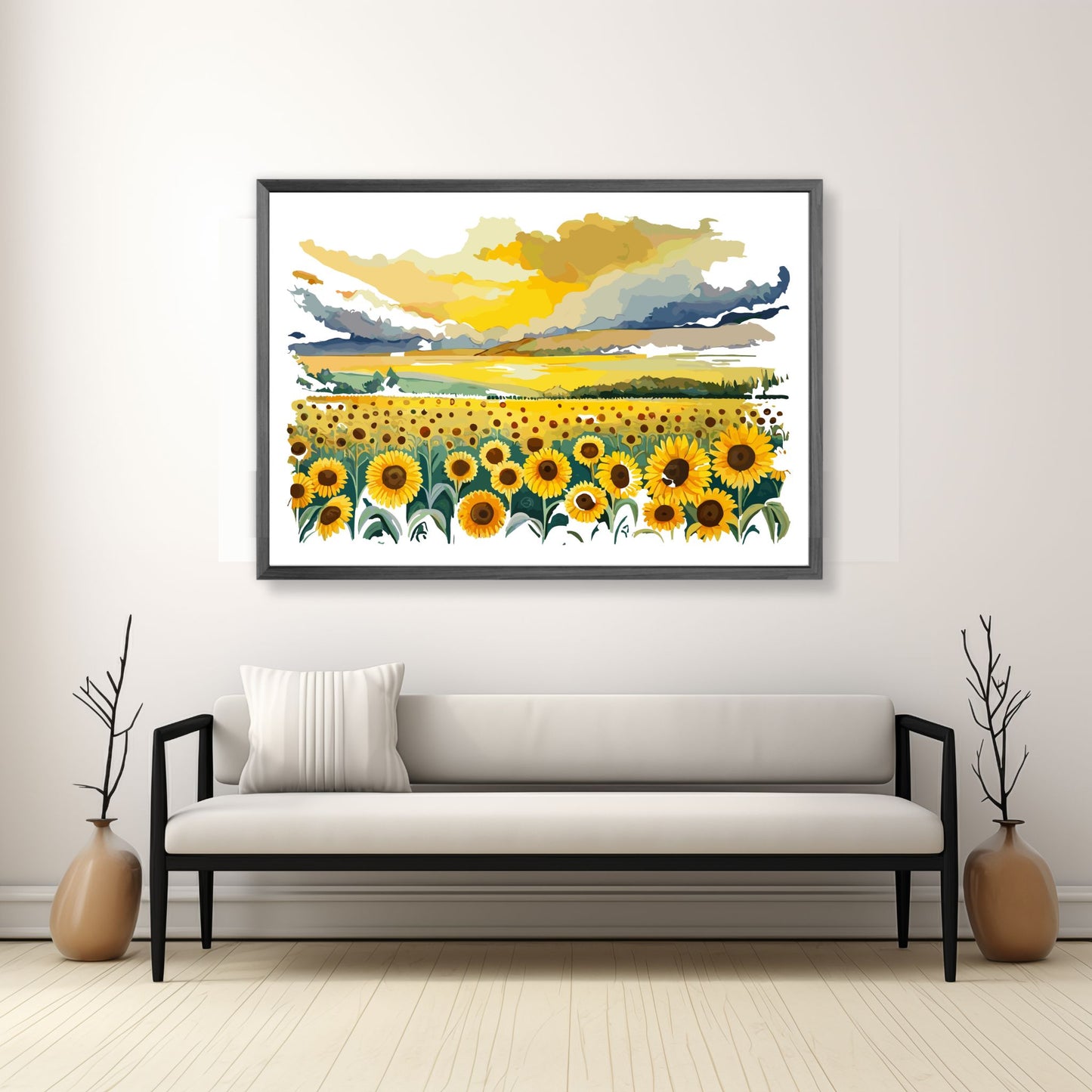 Opplev skjønnheten i naturen med "Sunflower Fields" plakat fra vår unike serie grafiske akvarellmalerier. Illustrasjonsfoto viser plakat i mørk grå ramme.