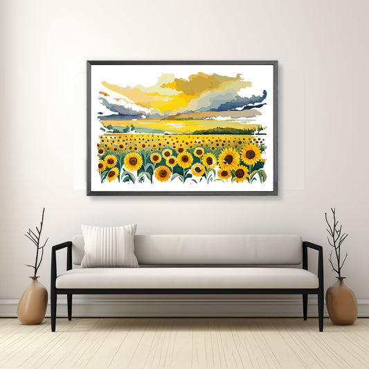 Opplev skjønnheten i naturen med "Sunflower Fields" plakat fra vår unike serie grafiske akvarellmalerier.  Illustrasjonsfoto viser plakat i mørk grå ramme.