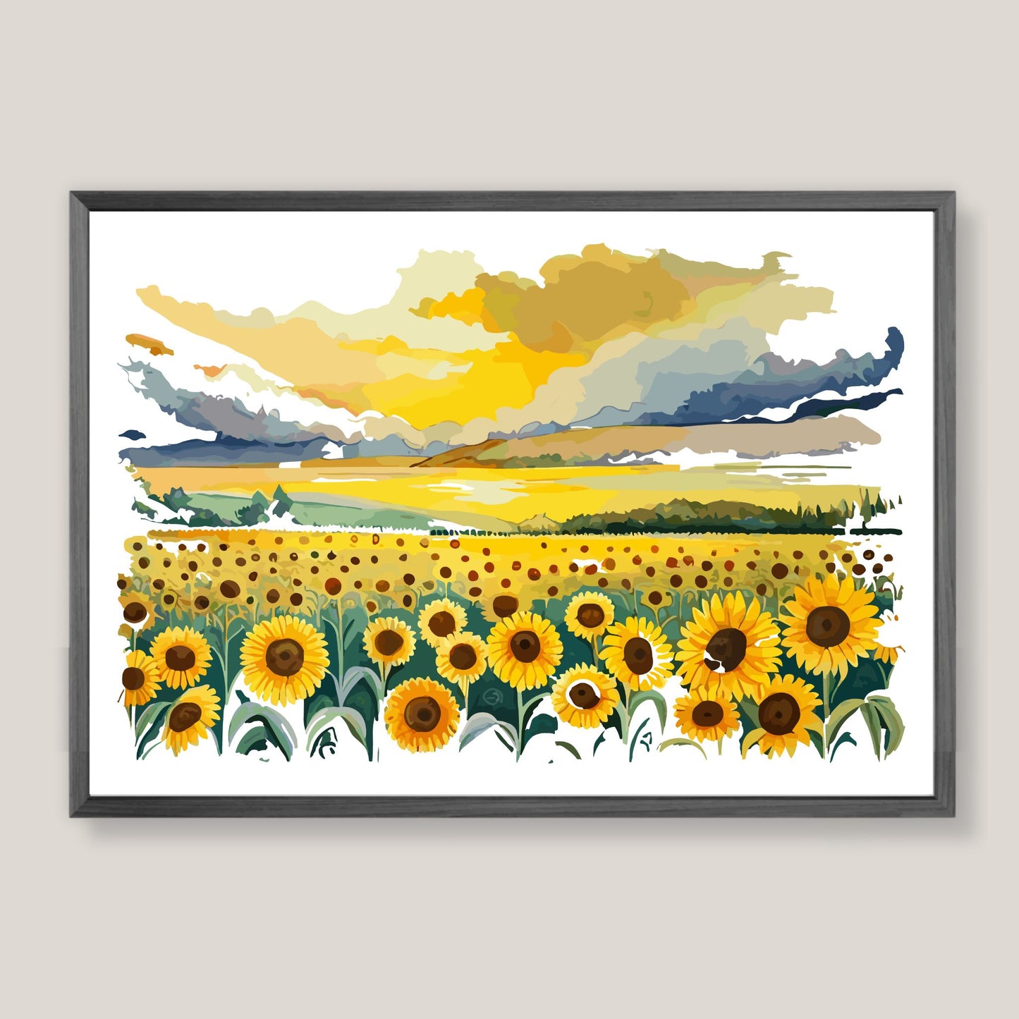 Opplev skjønnheten i naturen med "Sunflower Fields" plakat fra vår unike serie grafiske akvarellmalerier. Illustrasjonsfoto viser plakat i mørk grå ramme.