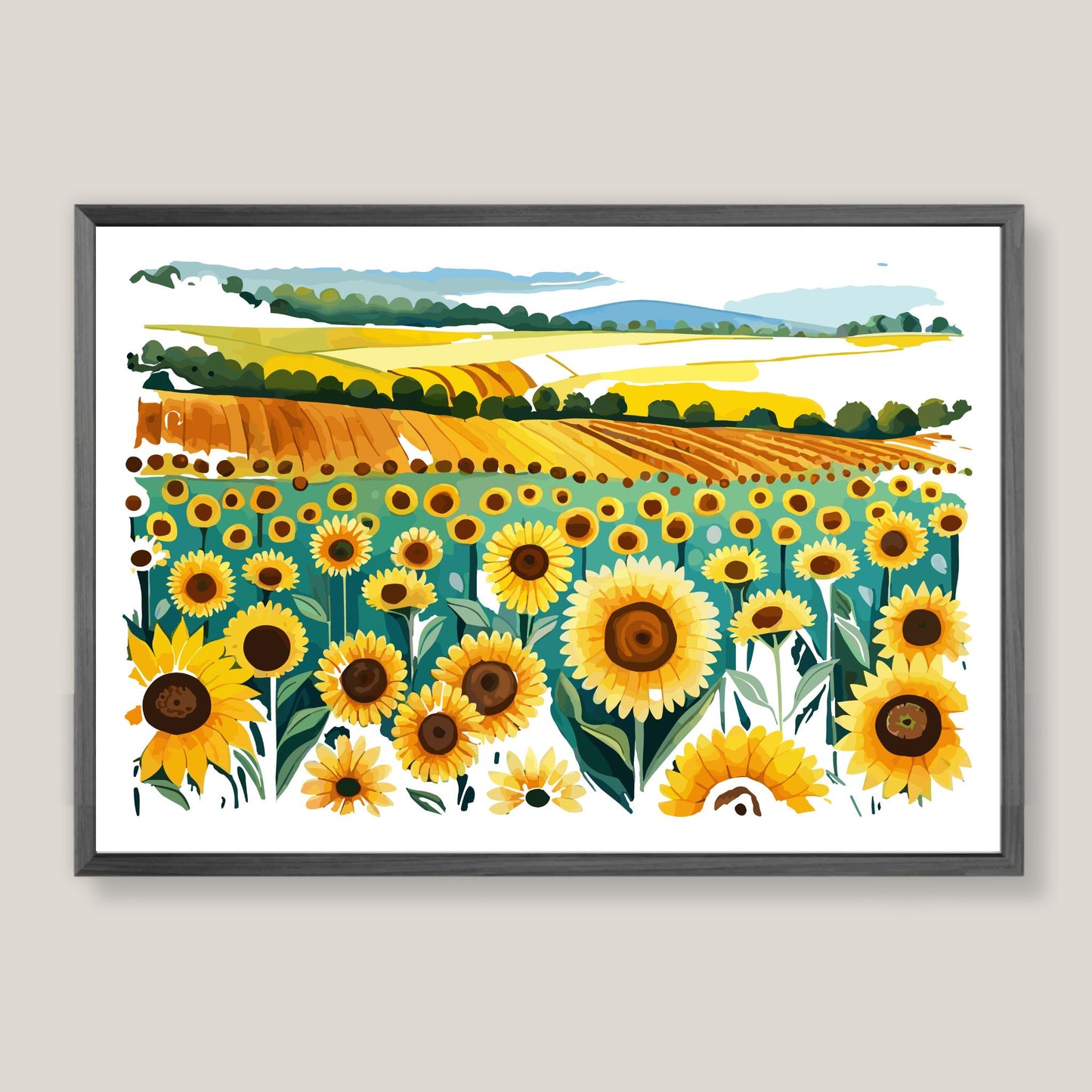 Opplev skjønnheten i naturen med "Sunflower Fields" plakat fra vår unike serie grafiske akvarellmalerier. Illustrasjonsfoto viser plakat i mørk grå ramme.
