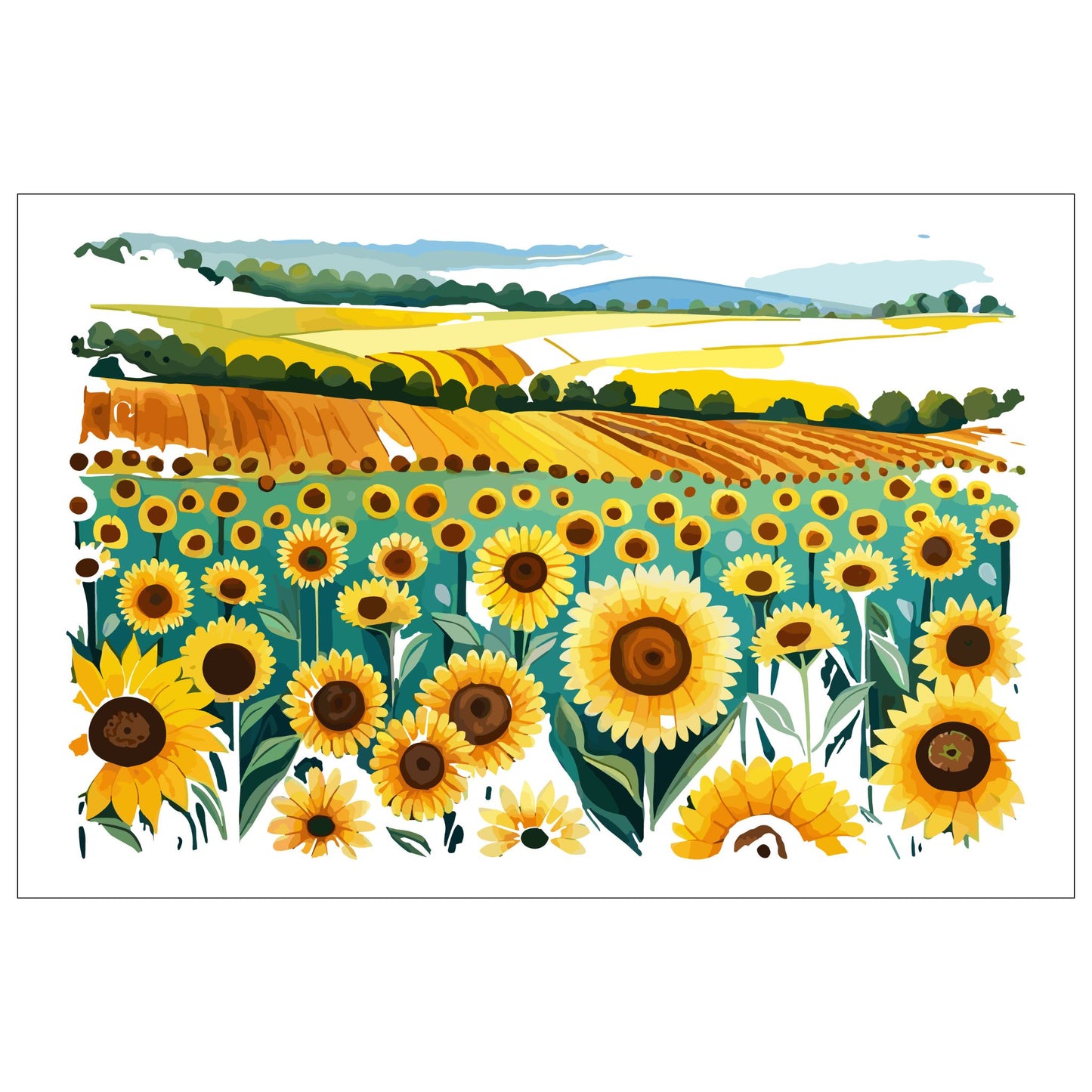 Opplev skjønnheten i naturen med "Sunflower Fields" plakat fra vår unike serie grafiske akvarellmalerier.