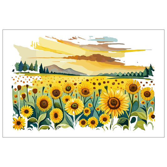 Opplev skjønnheten i naturen med "Sunflower Fields" plakat fra vår unike serie grafiske akvarellmalerier.