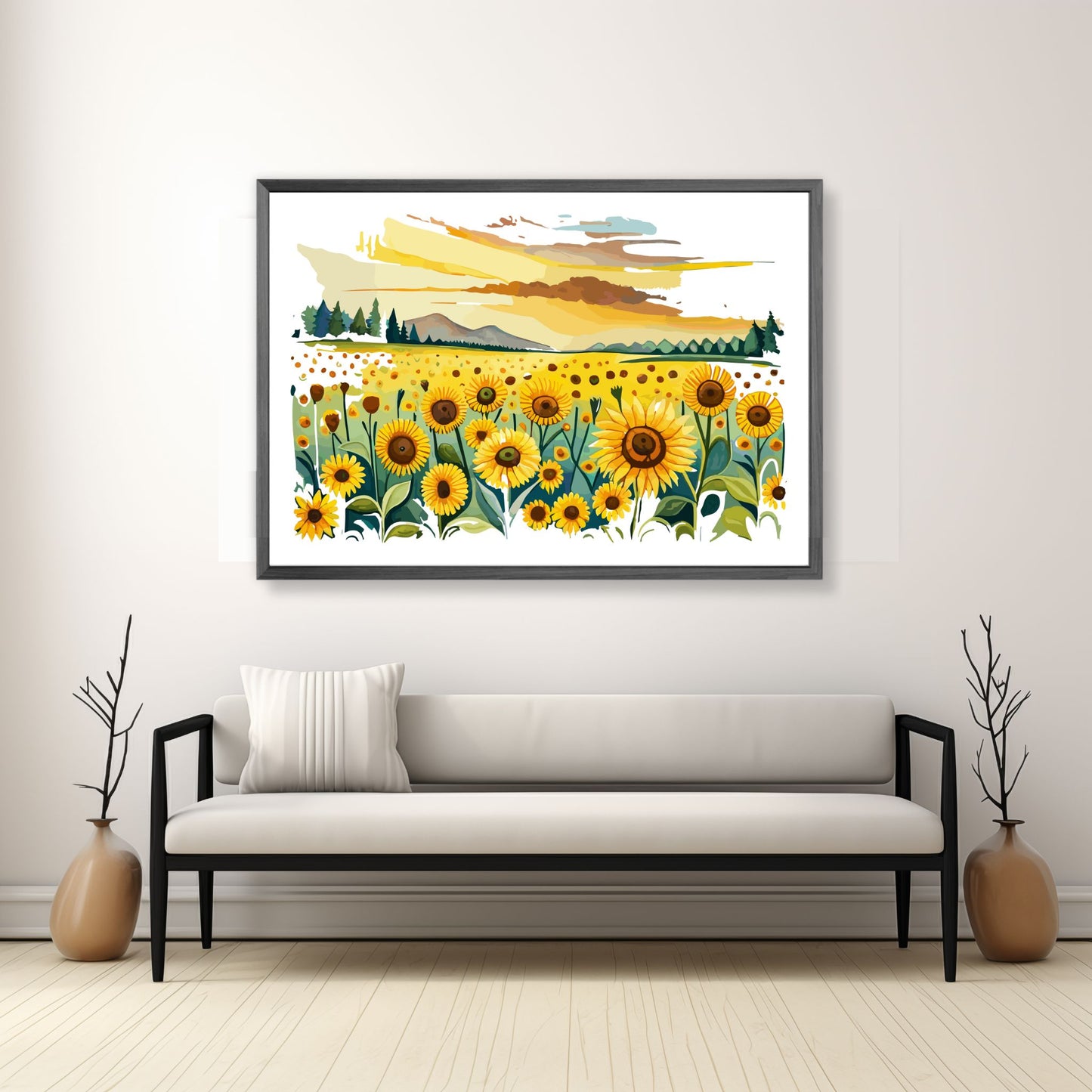 Opplev skjønnheten i naturen med "Sunflower Fields" plakat fra vår unike serie grafiske akvarellmalerier. Illustrasjonsfoto viser plakat i mørk grå ramme.