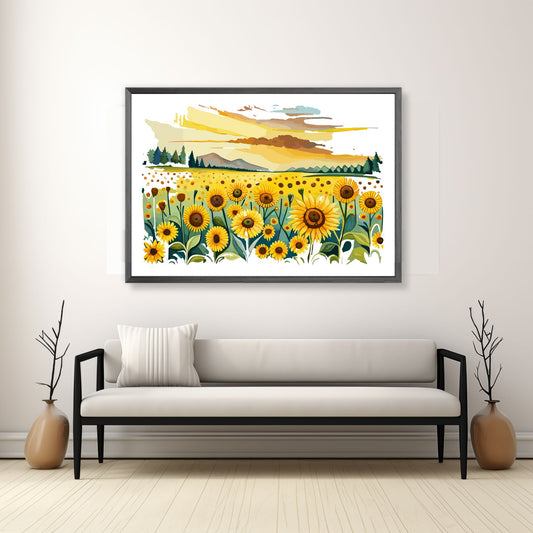 Opplev skjønnheten i naturen med "Sunflower Fields" plakat fra vår unike serie grafiske akvarellmalerier.  Illustrasjonsfoto viser plakat i mørk grå ramme.