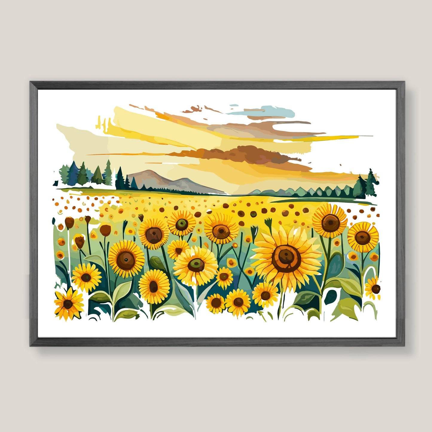 Opplev skjønnheten i naturen med "Sunflower Fields" plakat fra vår unike serie grafiske akvarellmalerier. Illustrasjonsfoto viser plakat i mørk grå ramme.