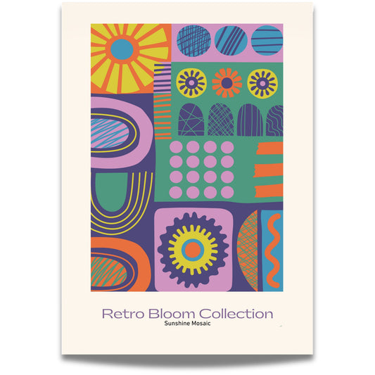 Sunshine Mosaic er en fargesprakende plakat inspirert av 60- og 70-tallets geometriske mønstre og solsymbolikk.