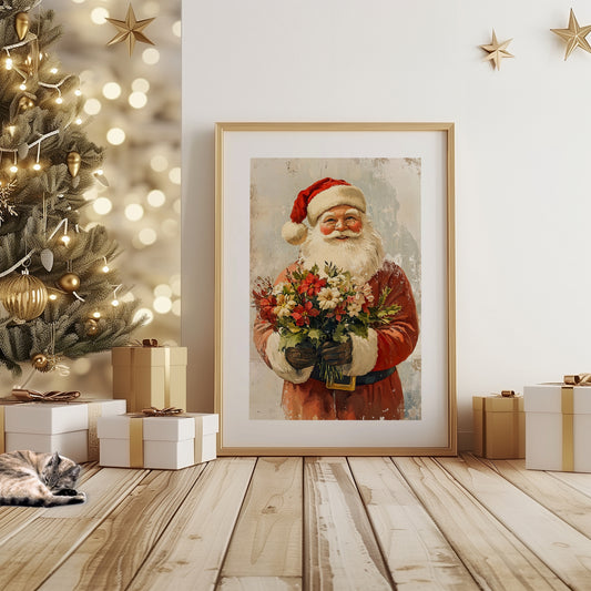 En smilende julenisse som holder en bukett med røde og hvite blomster. Den rustikke bakgrunnen gir motivet et autentisk og nostalgisk uttrykk – ideell for tradisjonelle julehjem. Illustrasjon viser plakat med passepartout i ramme.