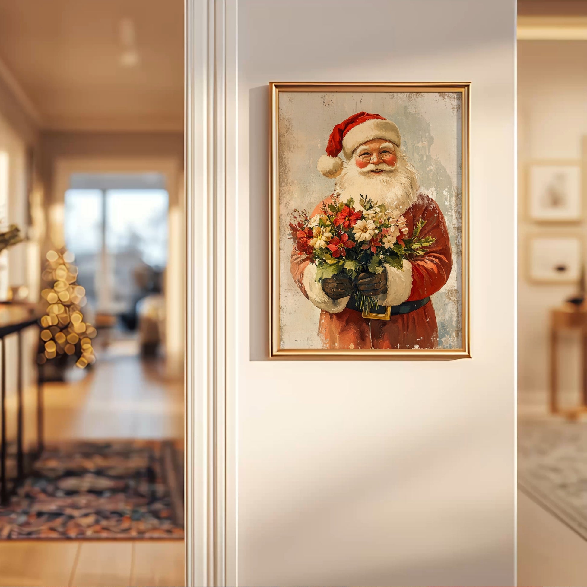 En smilende julenisse som holder en bukett med røde og hvite blomster. Den rustikke bakgrunnen gir motivet et autentisk og nostalgisk uttrykk – ideell for tradisjonelle julehjem. Illustrasjon viser plakat uten hvit kantlinje i ramme.