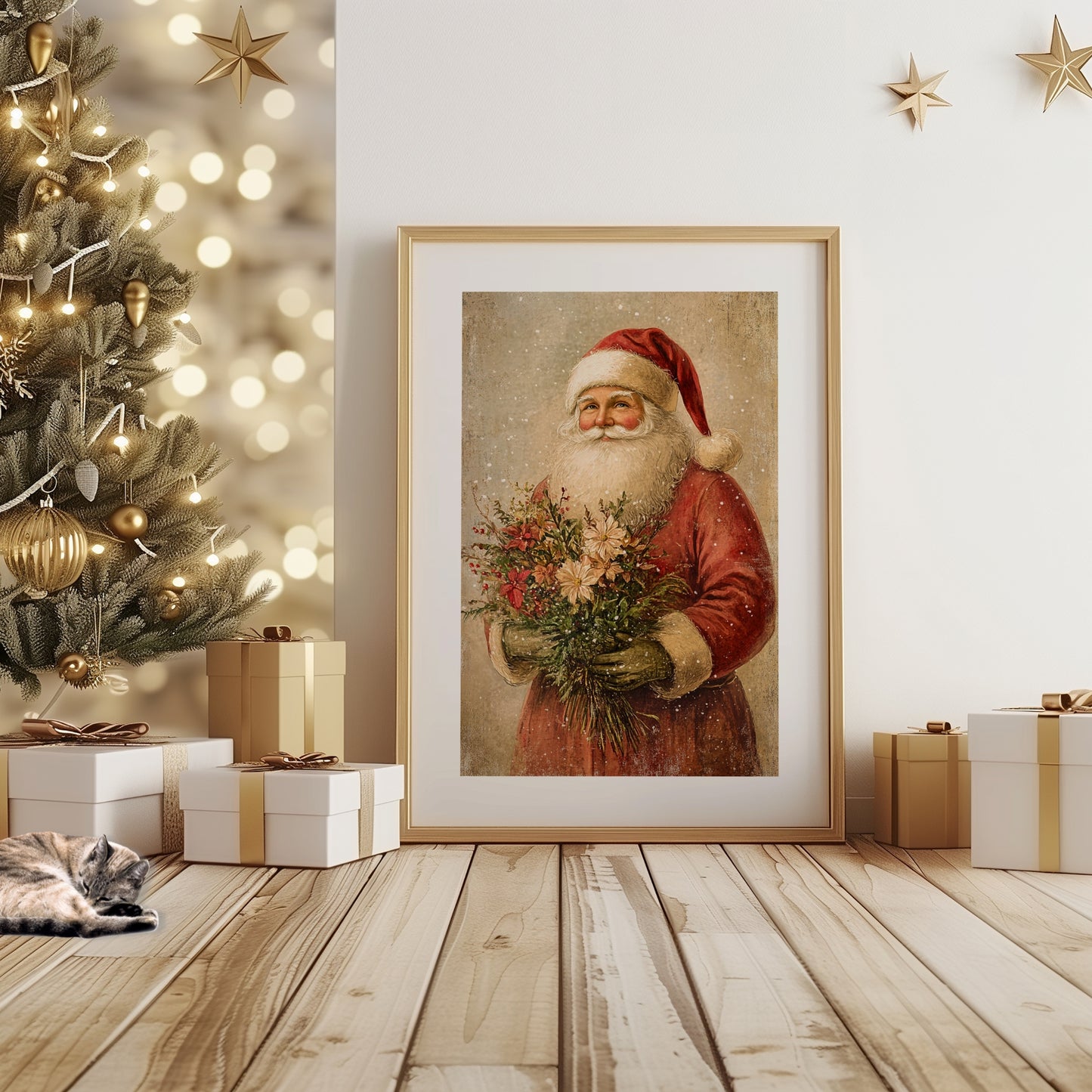 En klassisk julenisse med blomsterbukett i hånden, gjengitt i varme toner og vintage-stil. Et sjarmerende motiv som kombinerer julens ikoniske skikkelse med vinterens botaniske skjønnhet. Illustrasjon viser plakat med passepartout i ramme.
