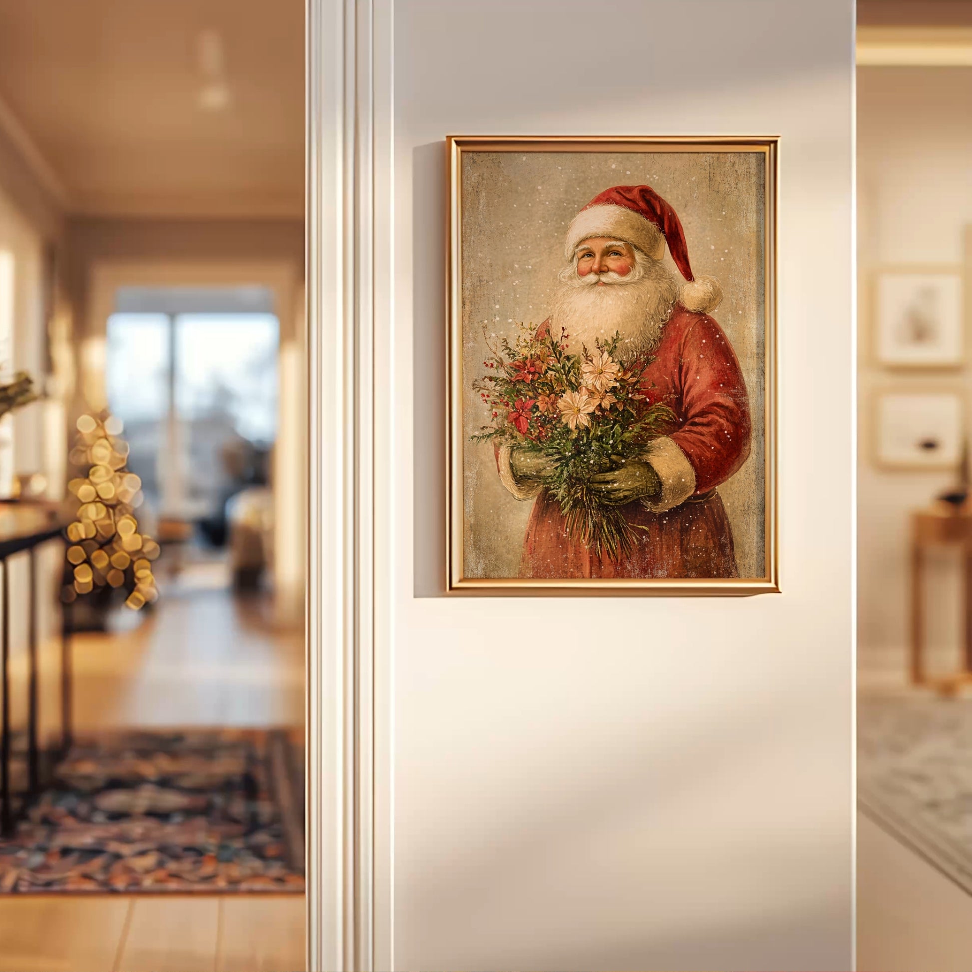 En klassisk julenisse med blomsterbukett i hånden, gjengitt i varme toner og vintage-stil. Et sjarmerende motiv som kombinerer julens ikoniske skikkelse med vinterens botaniske skjønnhet. Illustrasjon viser plakat uten hvit kantlinje i ramme.