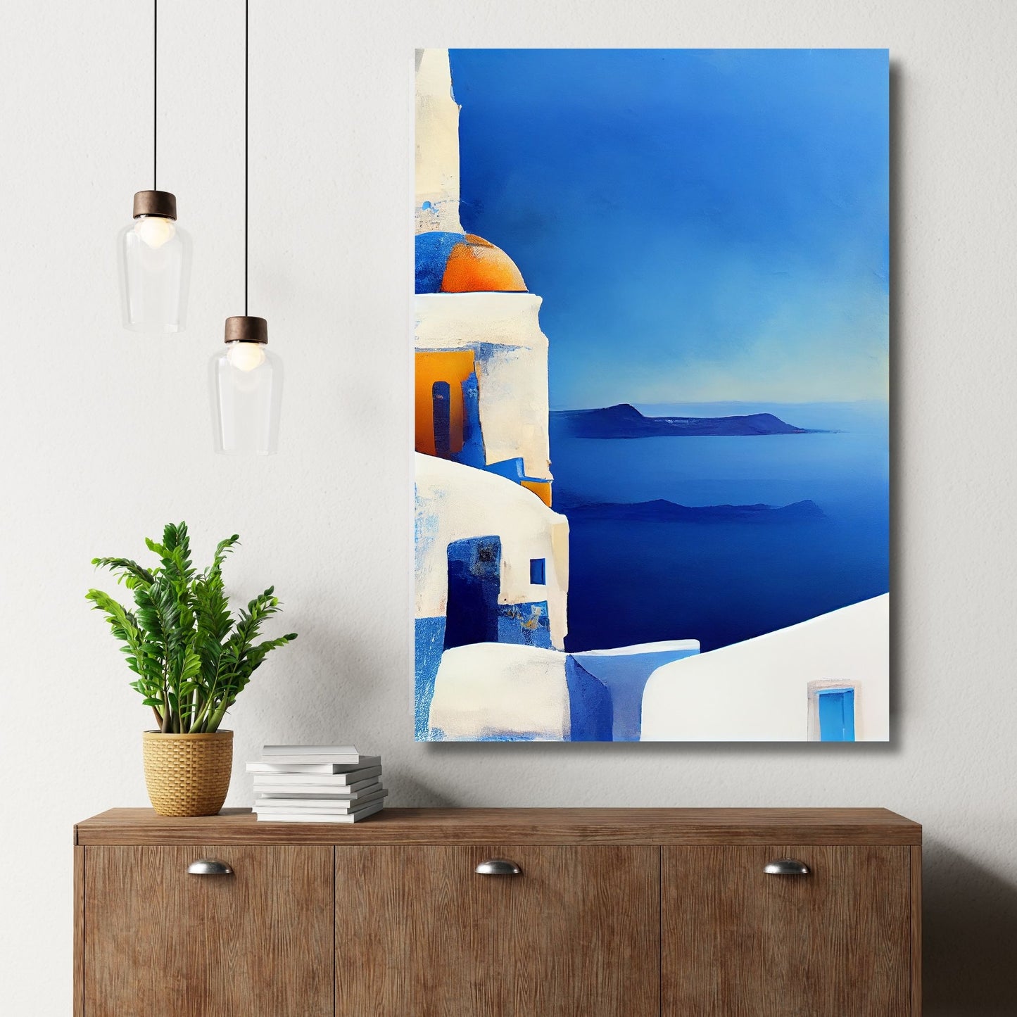 La deg forføre av Santorinis magiske skjønnhet med vår fantastiske kolleksjon av grafiske plakater og lerret. Illustrasjon viser motivet på lerret.