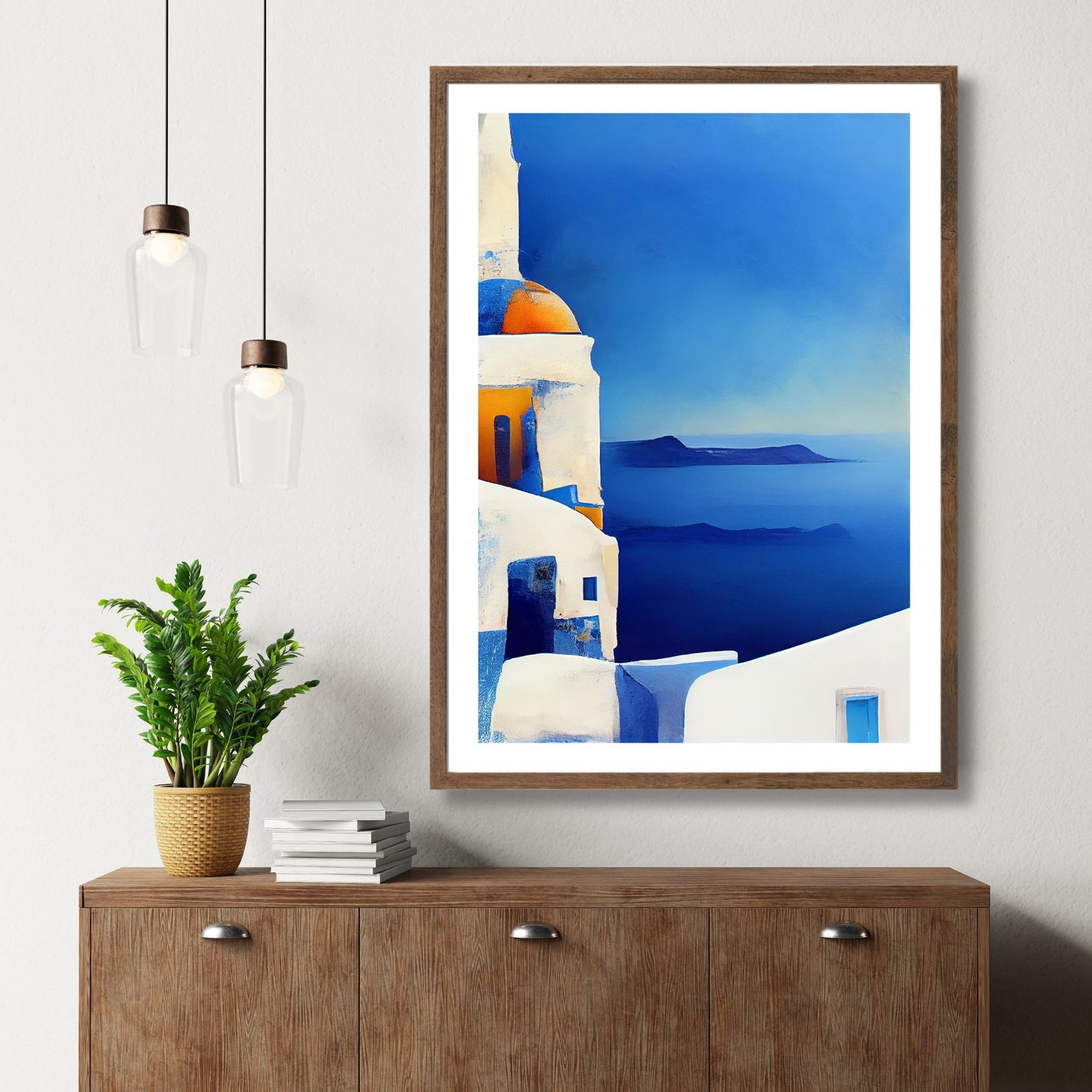 La deg forføre av Santorinis magiske skjønnhet med vår fantastiske kolleksjon av grafiske plakater og lerret. Illustrasjon viser motivet som plakat med hvit kant i brun ramme.