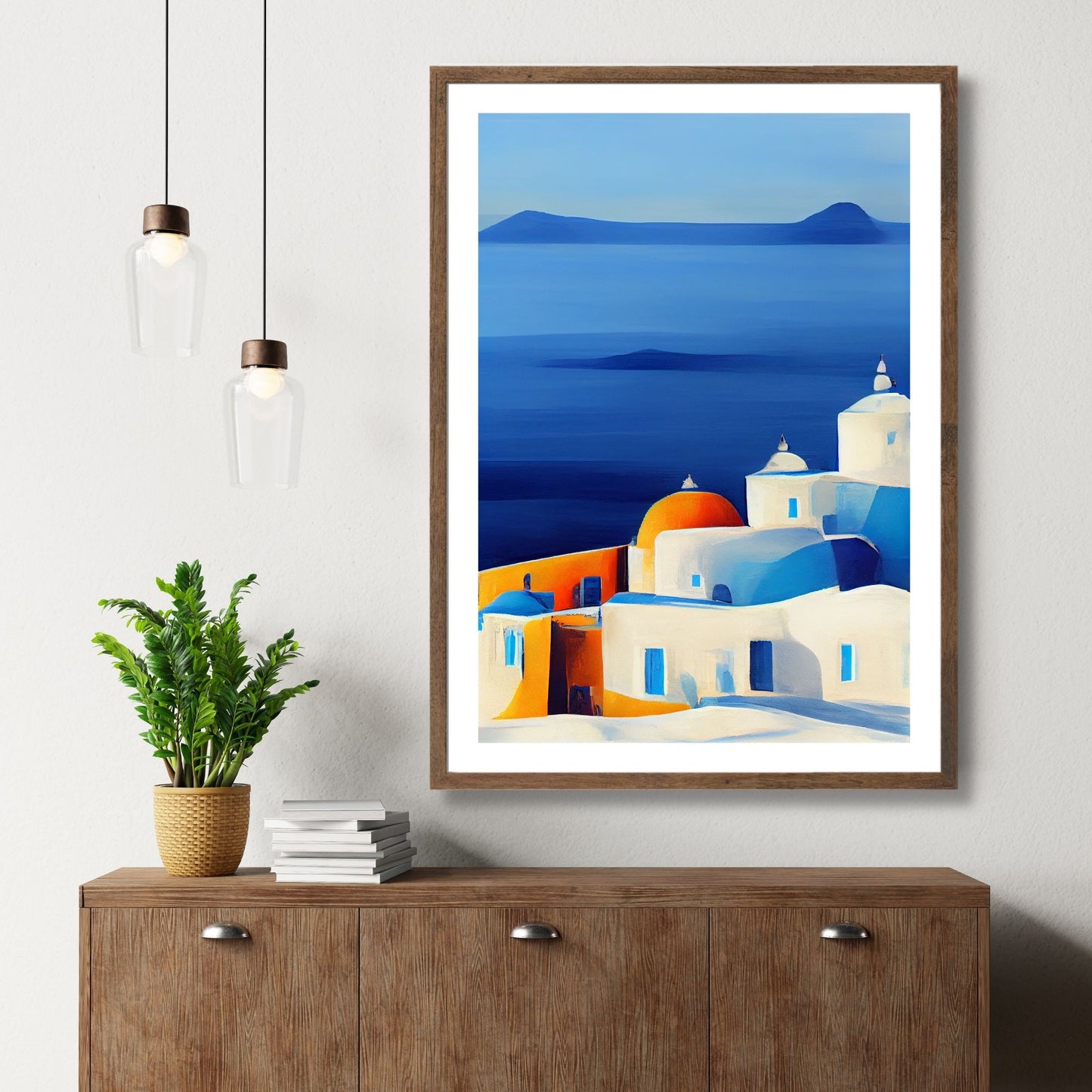 La deg forføre av Santorinis magiske skjønnhet med vår fantastiske kolleksjon av grafiske plakater og lerret. Illustrasjon viser motivet som plakat med hvit kant i brun ramme.