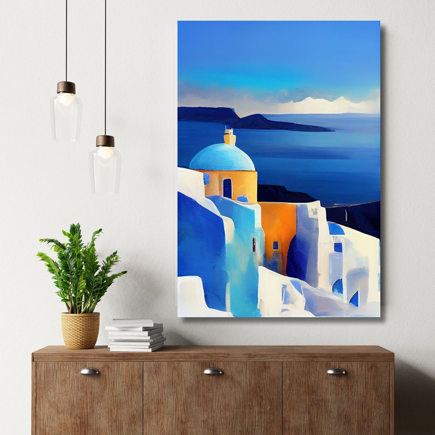La deg forføre av Santorinis magiske skjønnhet med vår fantastiske kolleksjon av grafiske plakater og lerret. Illustrasjon viser motivet som plakat med hvit kant i brun ramme.