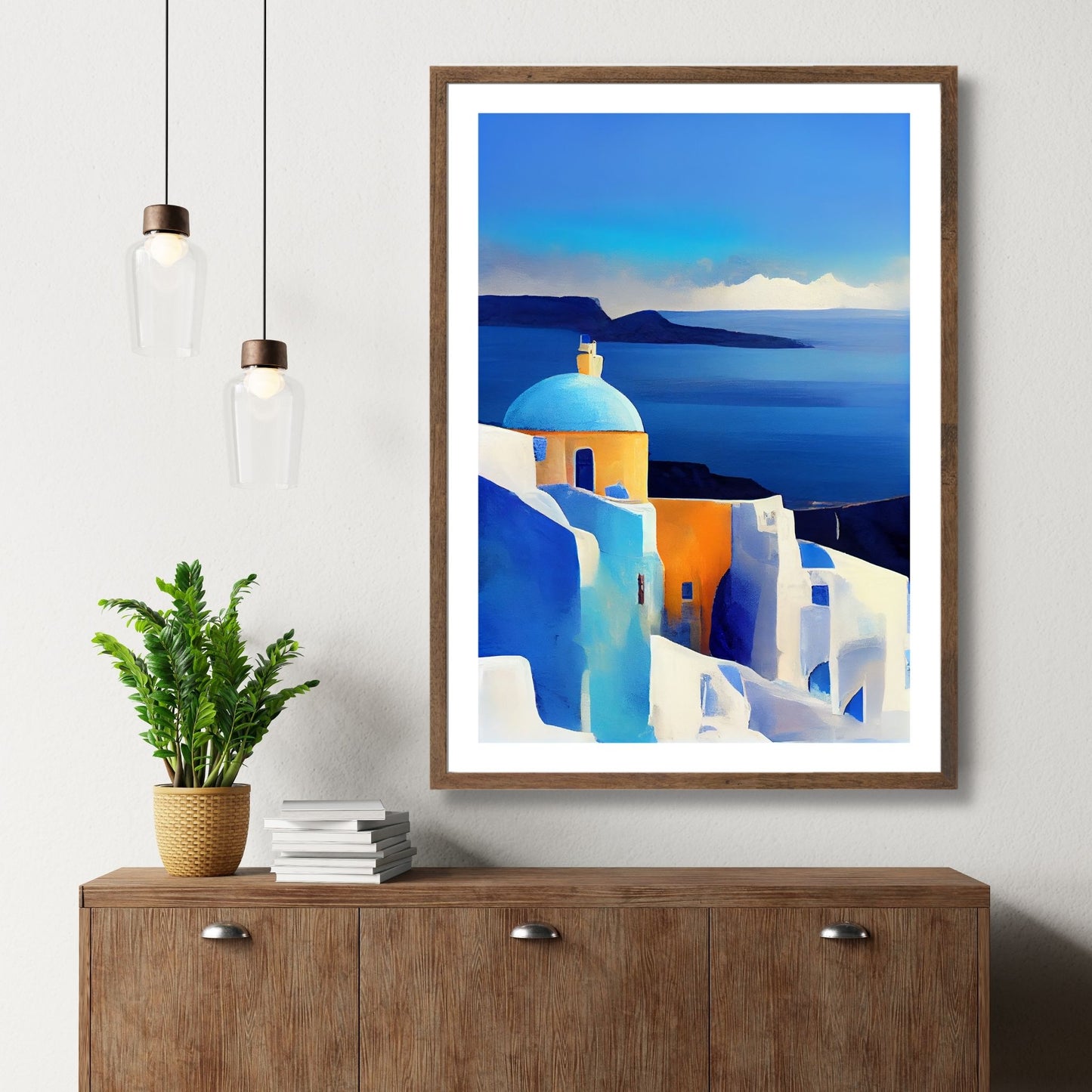 La deg forføre av Santorinis magiske skjønnhet med vår fantastiske kolleksjon av grafiske plakater og lerret. Illustrasjon viser motivet som plakat med hvit kant i brun ramme.