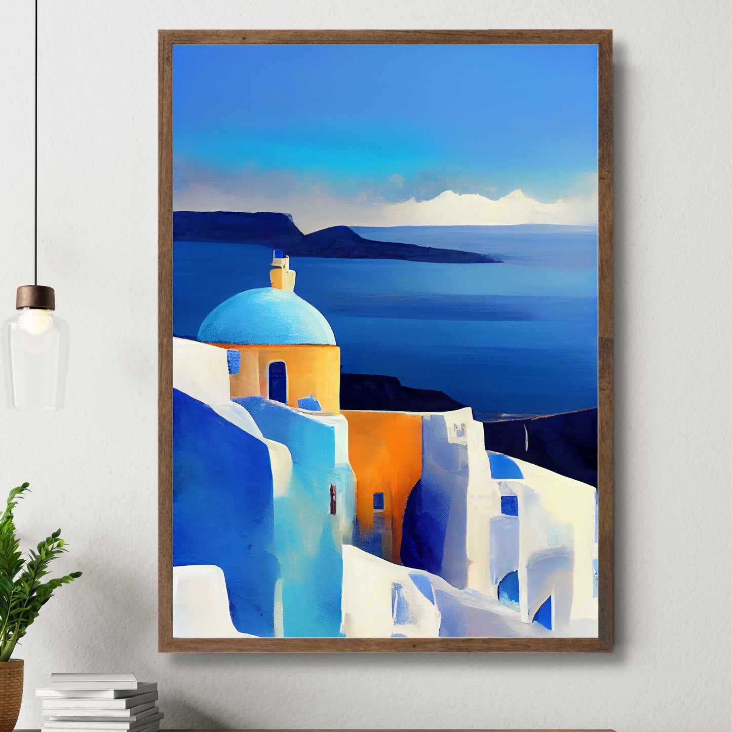 La deg forføre av Santorinis magiske skjønnhet med vår fantastiske kolleksjon av grafiske plakater og lerret. Illustrasjon viser motivet som plakat i brun ramme.