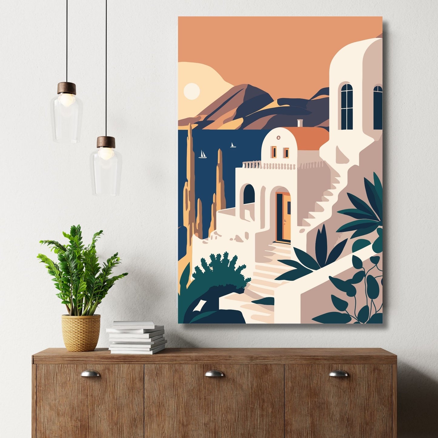 Opplev den tidløse skjønnheten av Santorini med vår eksklusive serie av grafiske plakater og lerret. Illustrasjon viser motivet på lerret.