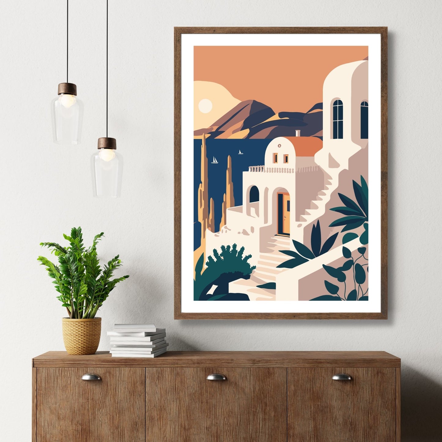 Opplev den tidløse skjønnheten av Santorini med vår eksklusive serie av grafiske plakater og lerret. Illustrasjon viser motivet som plakat med hvit kant i brun ramme.