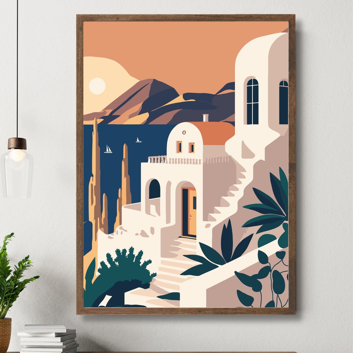 Opplev den tidløse skjønnheten av Santorini med vår eksklusive serie av grafiske plakater og lerret. Illustrasjon viser motivet som plakat i brun ramme.