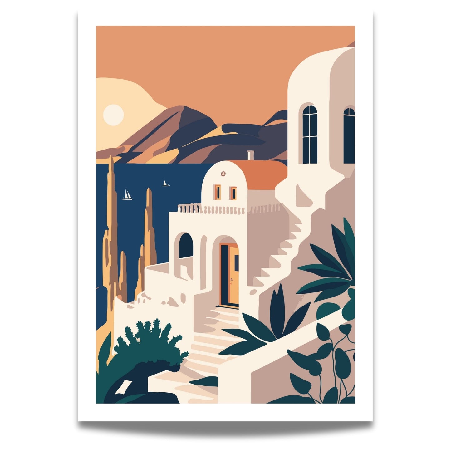 Opplev den tidløse skjønnheten av Santorini med vår eksklusive serie av grafiske plakater og lerret..d hvit kant i brun ramme.