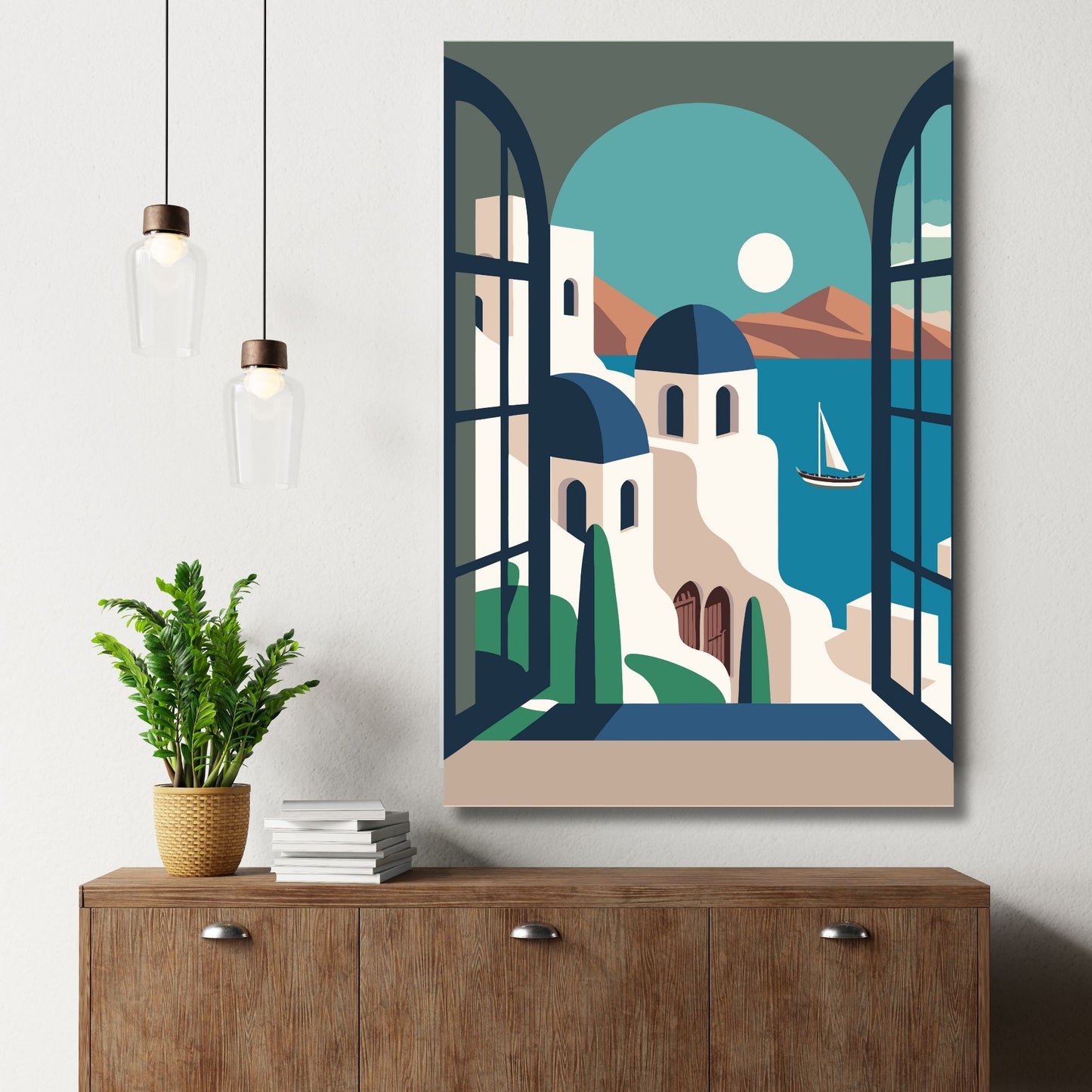 Opplev den tidløse skjønnheten av Santorini med vår eksklusive serie av grafiske plakater og lerret. Illustrasjon viser motivet på lerret.