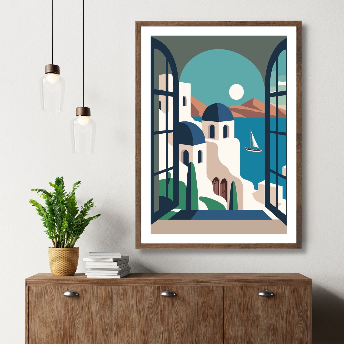 Opplev den tidløse skjønnheten av Santorini med vår eksklusive serie av grafiske plakater og lerret. Illustrasjon viser motivet som plakat med hvit kant i brun ramme.