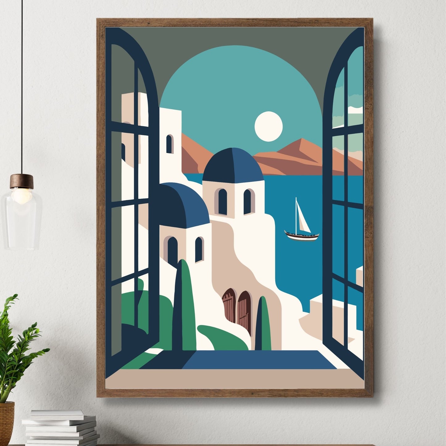 Opplev den tidløse skjønnheten av Santorini med vår eksklusive serie av grafiske plakater og lerret. Illustrasjon viser motivet som plakat i brun ramme.