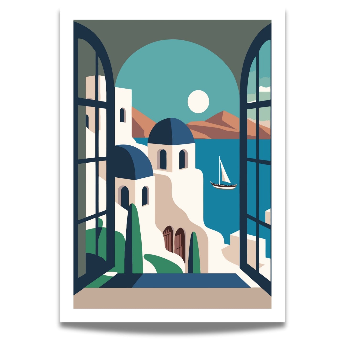 Opplev den tidløse skjønnheten av Santorini med vår eksklusive serie av grafiske plakater og lerret.