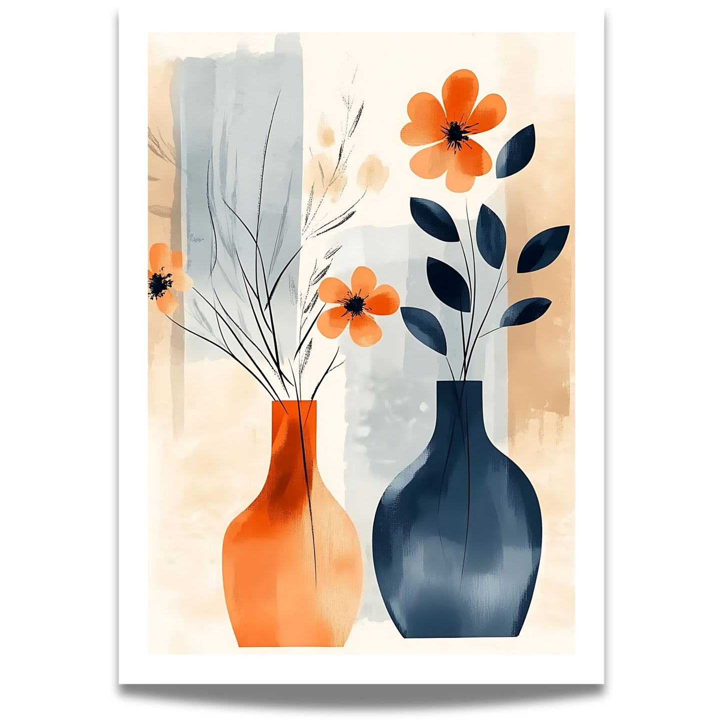Bloom Harmony, en vakker balanse mellom varme jordtoner og dype blånyanser. De elegante vasene og delikate blomstene skaper et kunstnerisk uttrykk inspirert av moderne stillebenmalerier.