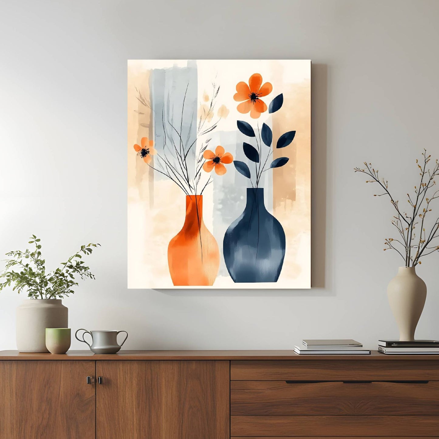 Bloom Harmony, en vakker balanse mellom varme jordtoner og dype blånyanser. De elegante vasene og delikate blomstene skaper et kunstnerisk uttrykk inspirert av moderne stillebenmalerier. Illustrasjon viser motivet på lerret.