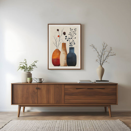Earth Elegance - tre blomstervaser med en fargerik palett av brente jordtoner og kontrasterende blått tilfører dette kunstverket en tidløs varme til interiøret ditt. Illustrasjon viser motivet som plakat i brun ramme.