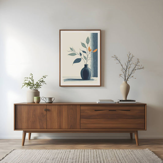 Midnight Bloom, et elegant kunstverk med dempede blåtoner og subtile kontraster. Illustrasjon viser motivet som plakat i brun ramme.