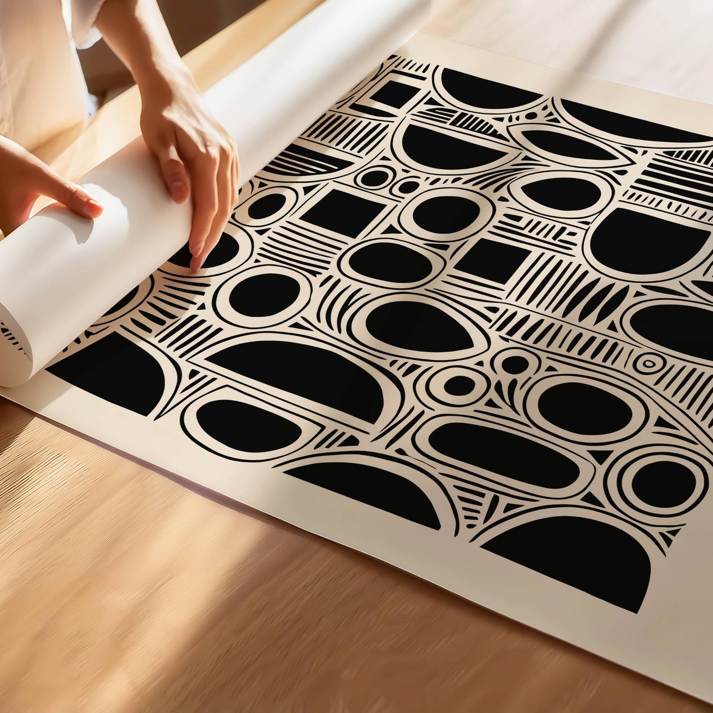Shape Flow kombinerer flytende former og presise linjer i et abstrakt design som oser av balanse og rytme. Illustrasjon viser motiv på print.