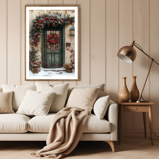 Dette motivet viser en gammel dør dekorert med en vakker julekrans, omgitt av røde bær og granbar. Illustrasjon viser motivet som plakat med hvit kant i lys ramme.