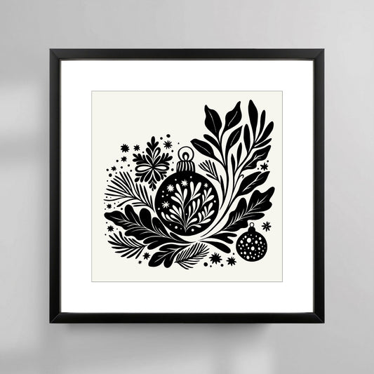 Denne stilrene plakaten er inspirert av skandinavisk minimalisme og klassisk julepynt, med detaljerte illustrasjoner som gir en følelse av ro og vinterens magi. Illustrasjonsfoto viser plakat i sort ramme.