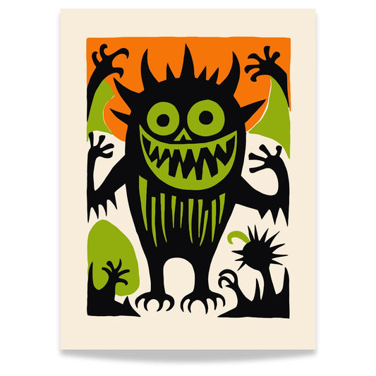 Skremmende Monsterplakat som viser et stort, grønt og svart monster med et bredt smil og skarpe tenner, klart til å skremme alle som ser på.