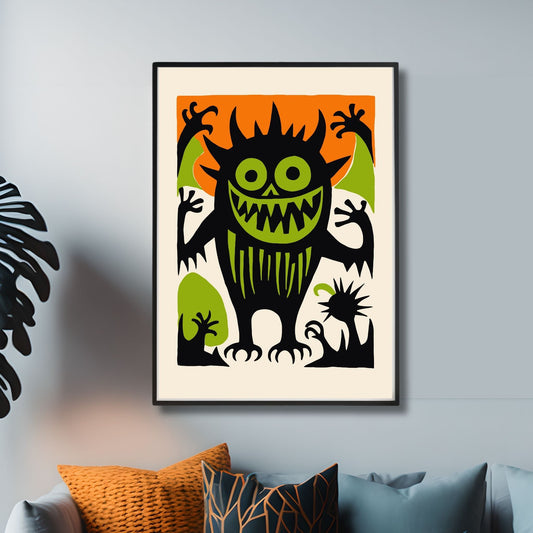 Skremmende Monsterplakat som viser et stort, grønt og svart monster med et bredt smil og skarpe tenner, klart til å skremme alle som ser på. Illustrasjonsfot viser plakat i sort ramme.