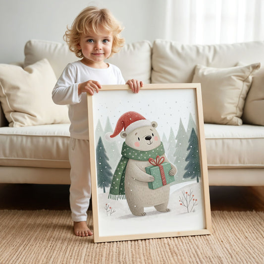 små julevenner – bjørn i nisselue med grønn gave. illustrasjon viser et barn som holder plakaten i eik ramme