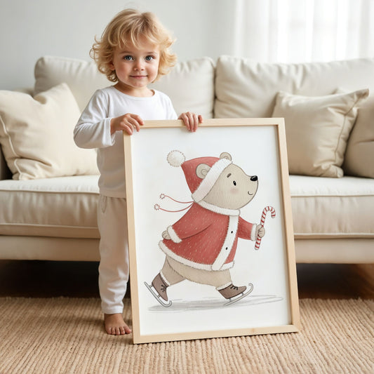 små julevenner – illustrasjon viser bjørn på skøyter med sukkertøystav i eik ramme