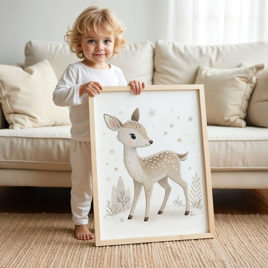 små julevenner – dådyr i vinterskogen. illustrasjonen viser et barn som holder plakaten i eik ramme.