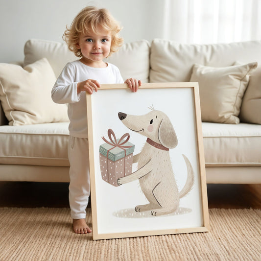 små julevenner – hund med gave. illustrasjon viser et barn som holder plakaten i eikeramme.