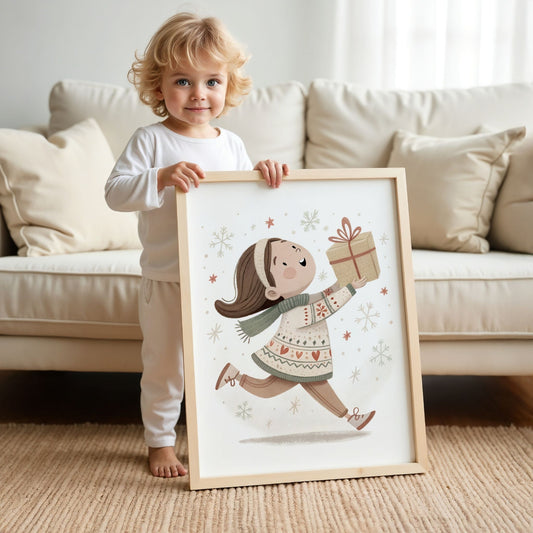 små julevenner – jente i julegenser løper med gave. illustrasjon viser et barn som holder plakat i eik ramme
